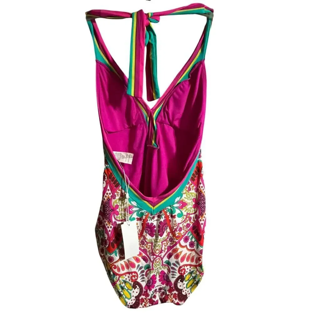 Trina Turk Hawaiian Garden Border Halter Plunge One Piece Swimsuit